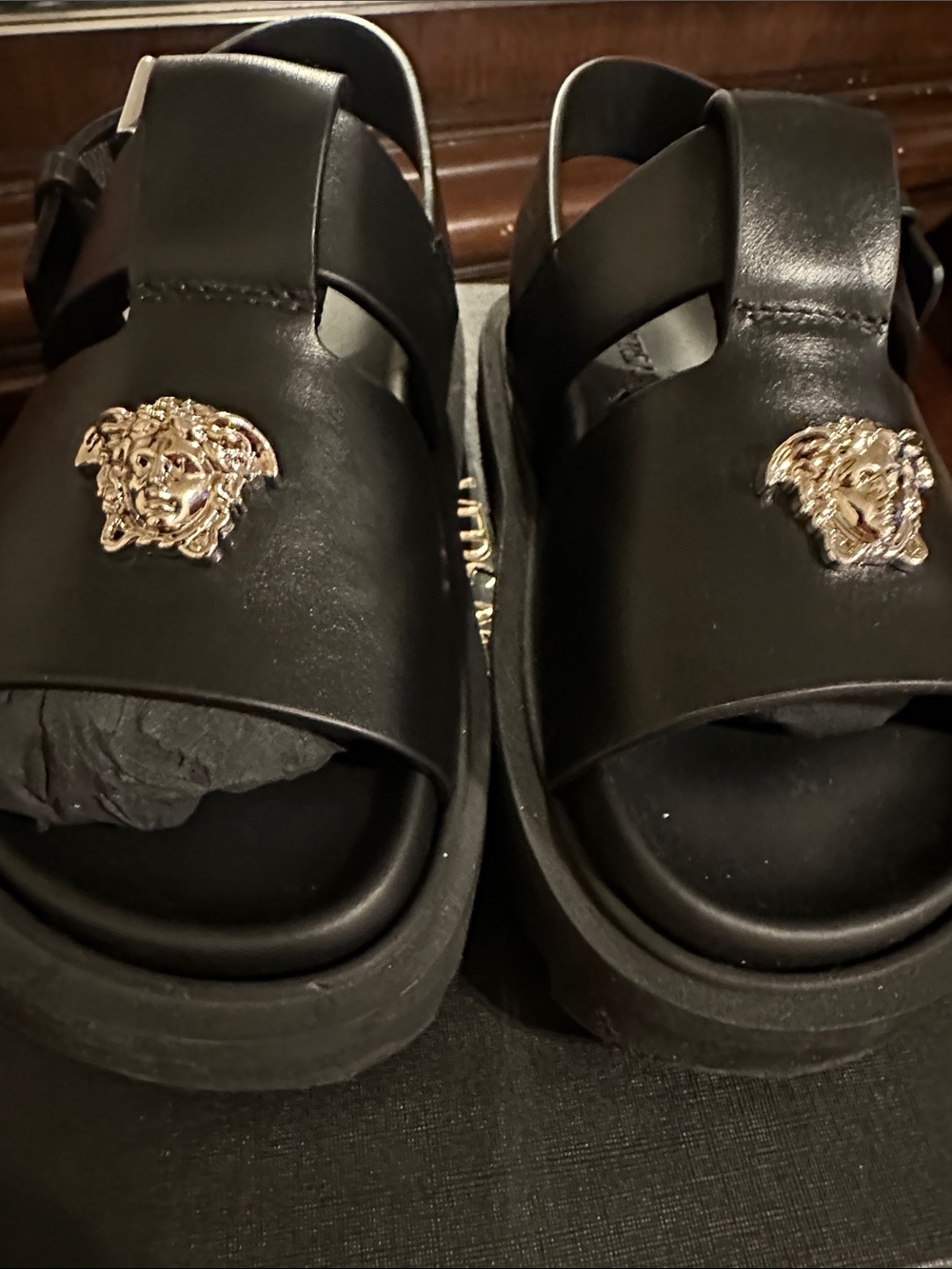 Versace Black Leather Platform Sandals with Gold Medusa Emblems